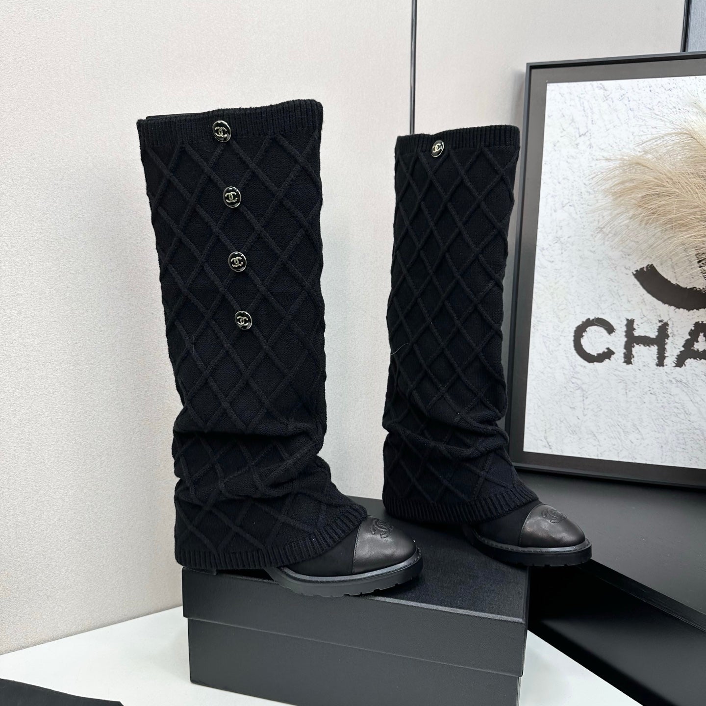 Chanel 2026 CC Buttoned Knitted Knee-High Boots Wool 985768