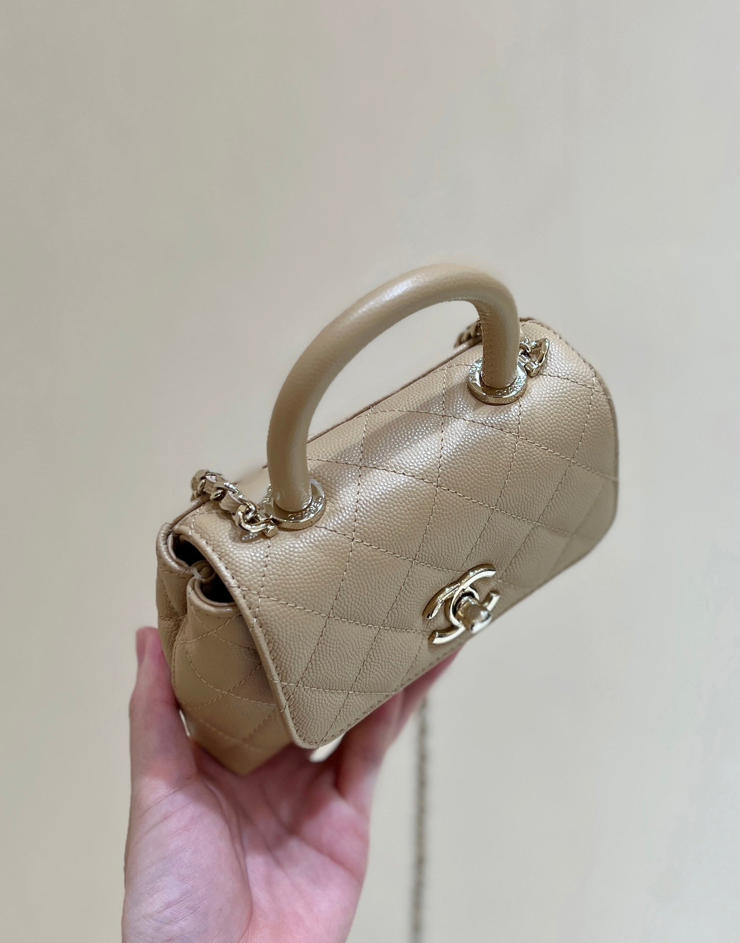 CC 24K Coco Hanle Nano 18cm Beige Grained Calfskin Gold Hardware