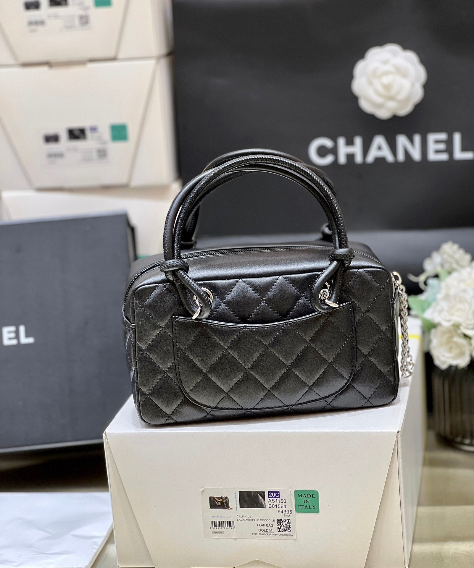 Chanel 2026 Cambon Ligne Bag 21cm Black White Quilted Lambskin