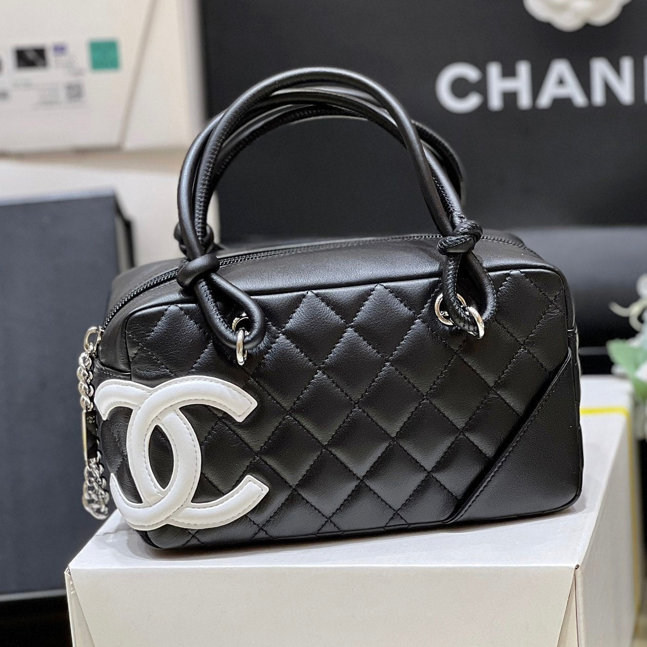 Chanel 2026 Cambon Ligne Bag 21cm Black White Quilted Lambskin