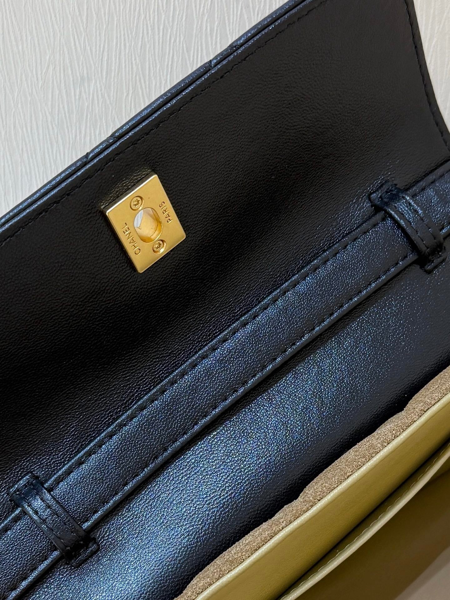 Chanel 2025 Block Flap Bag 20cm Black Beige Lambskin Suede 343043