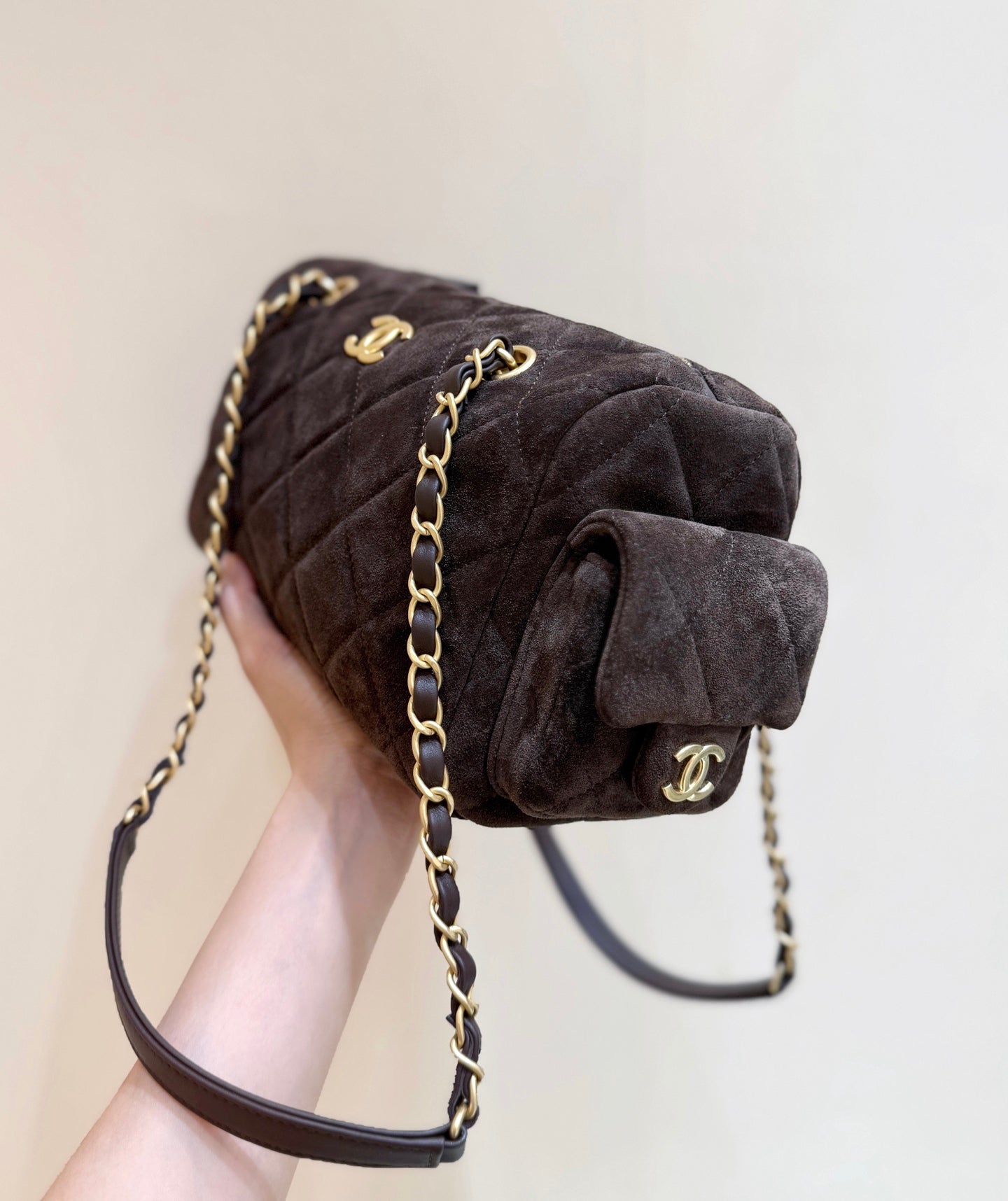 Chanel 2025 Bowling Bag 24cm Dark Brown Suede 345137