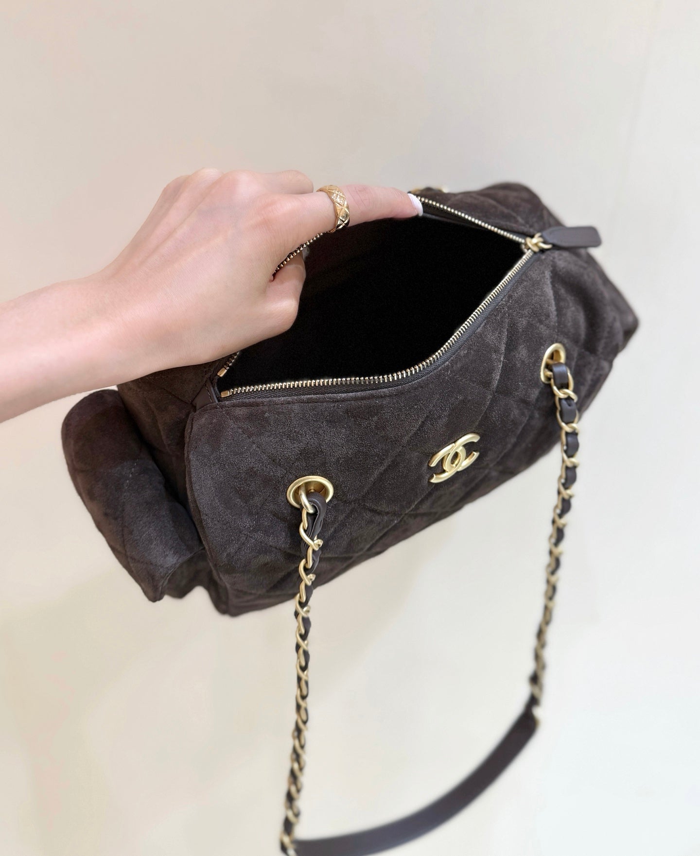 Chanel 2025 Bowling Bag 24cm Dark Brown Suede 345137