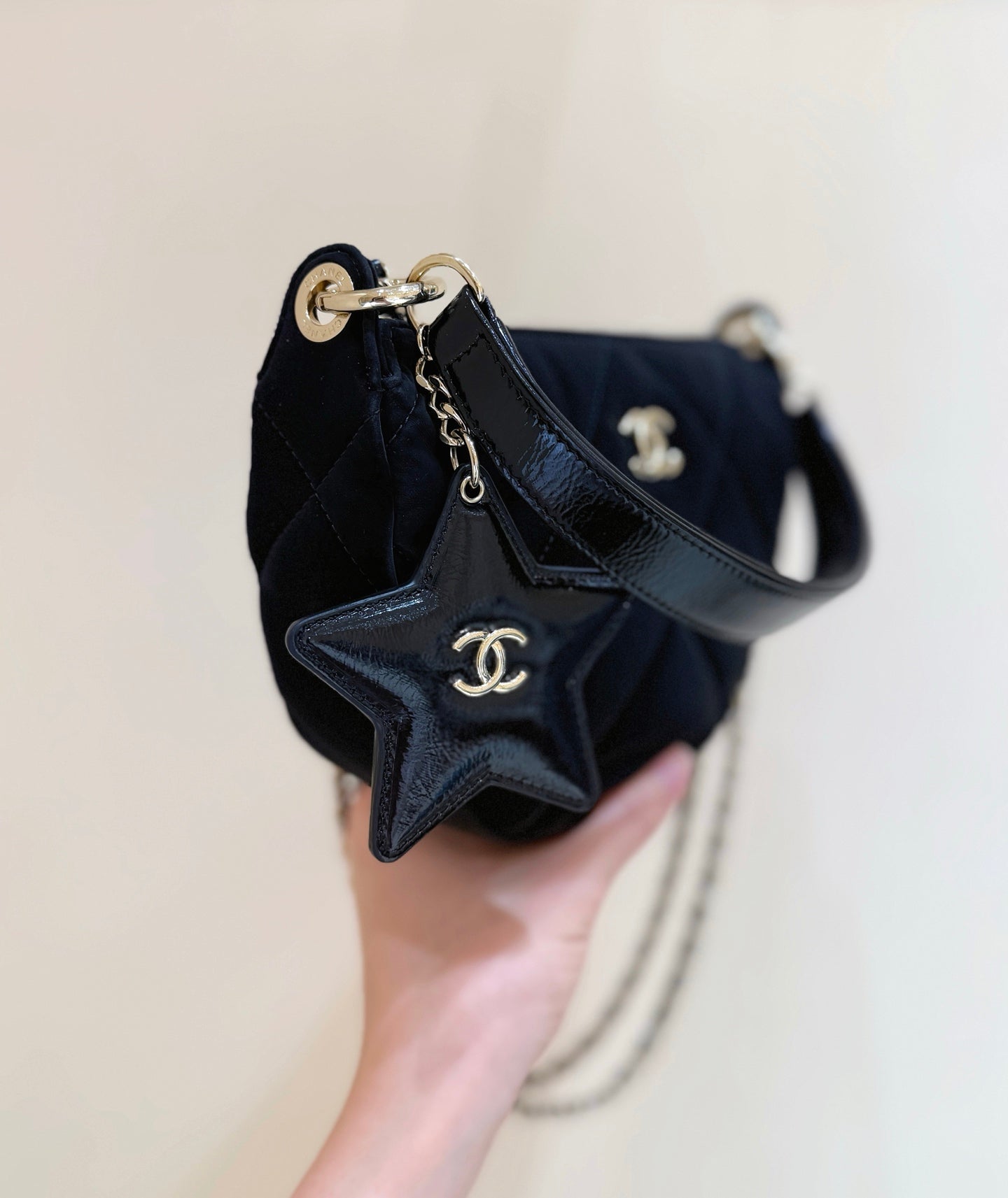 Chanel 2025 Clutch With Chain Black Gold Velvet Leather 346012