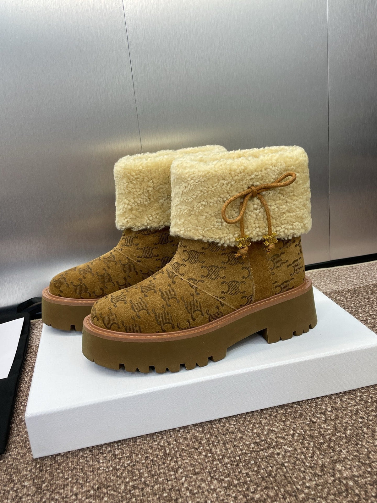 Celine 2026 Bulky Cropped Triomphe Boots Brown Suede 962664