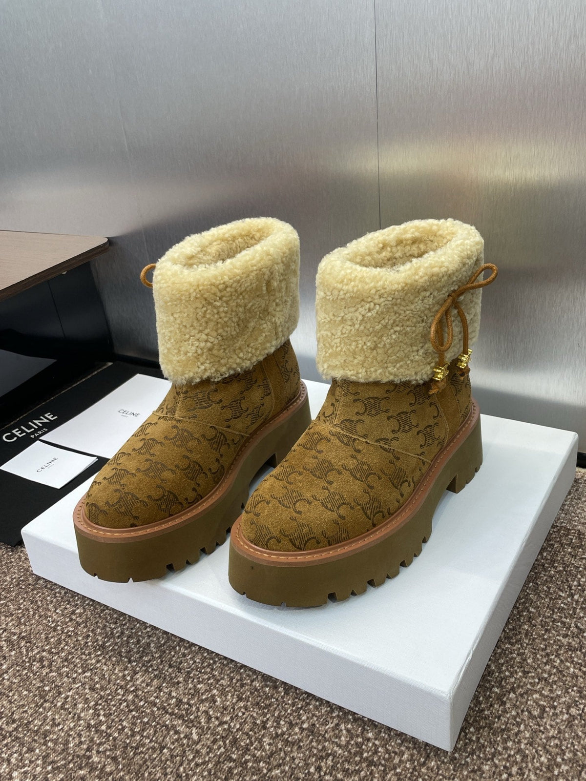 Celine 2026 Bulky Cropped Triomphe Boots Brown Suede 962664