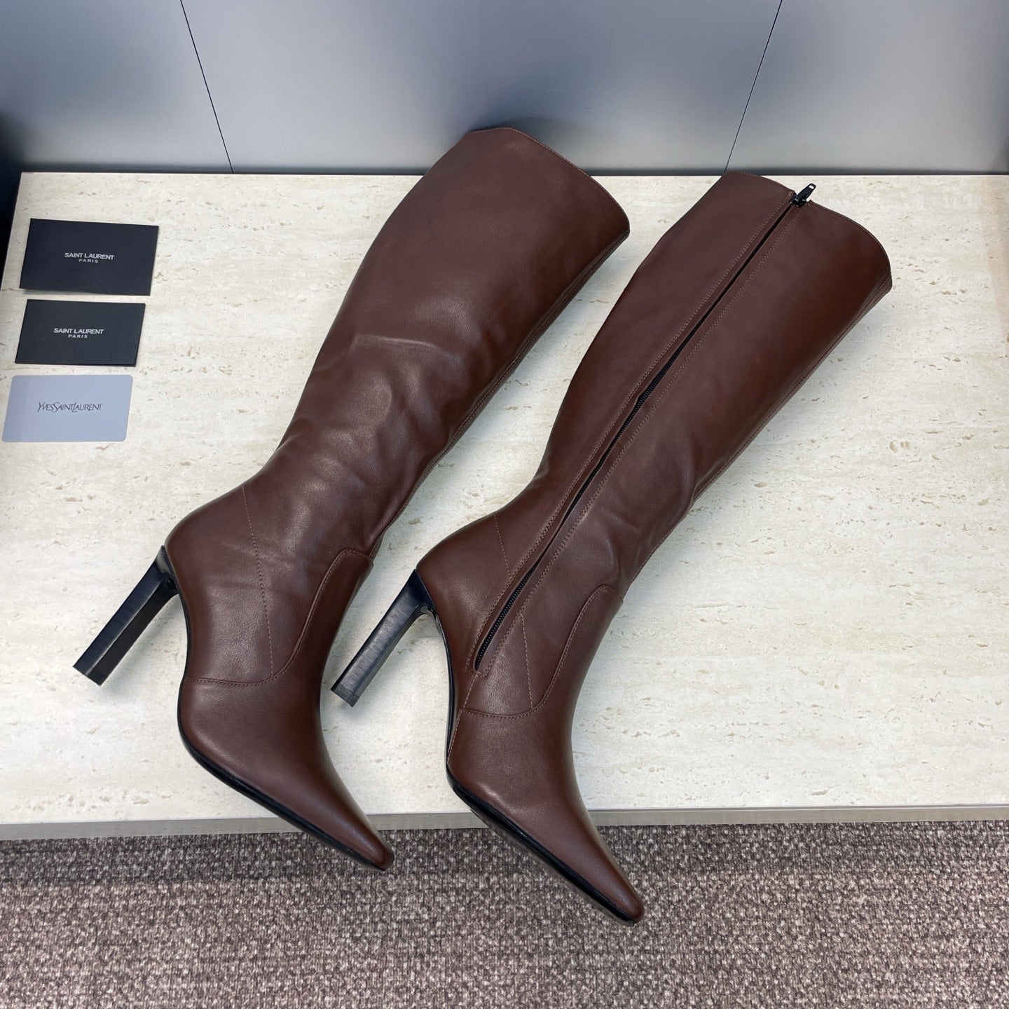 YSL 2025  Square Toe Over-the-Knee Rider Boots Brown Calfskin 574017