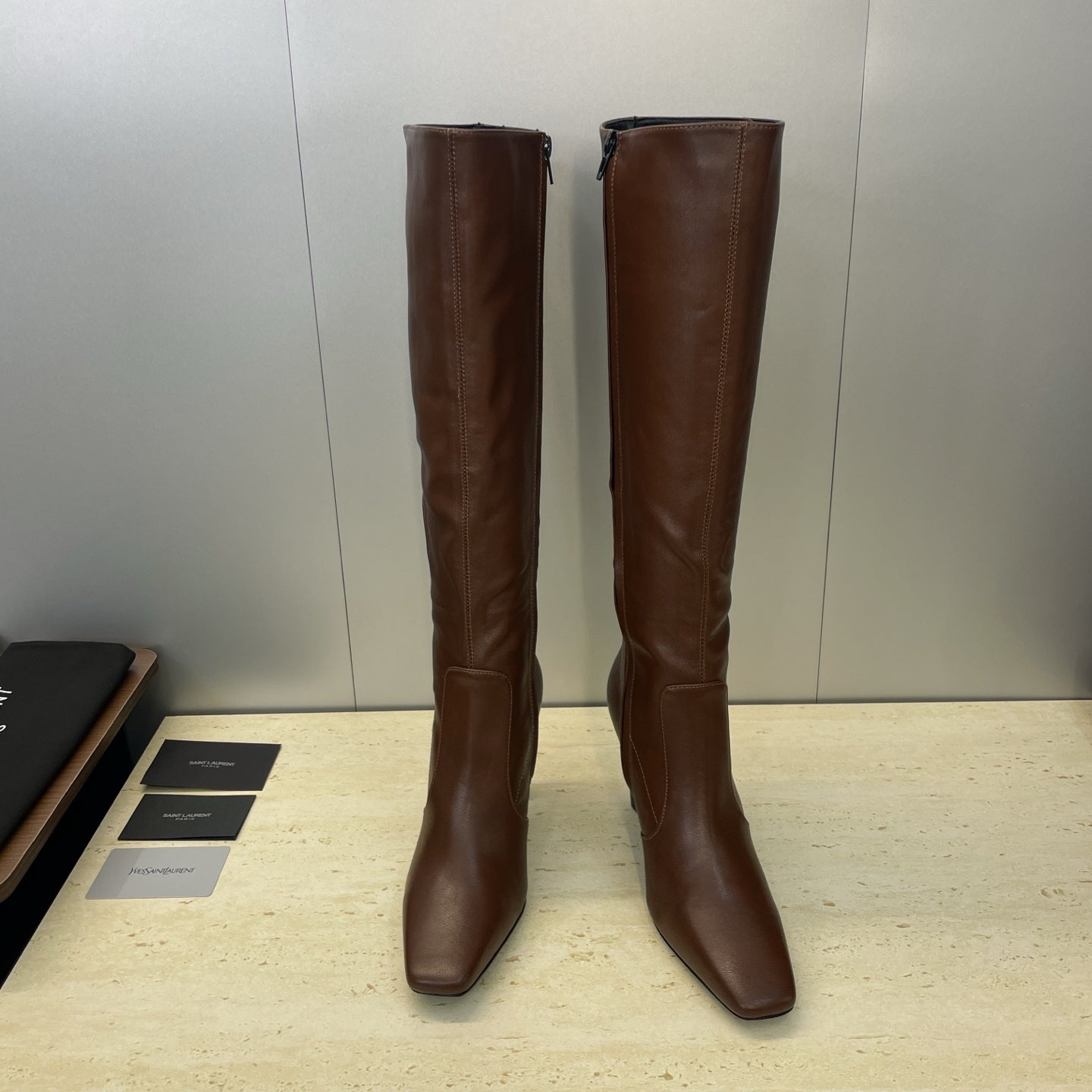 YSL 2025  Square Toe Over-the-Knee Rider Boots Brown Calfskin 574017