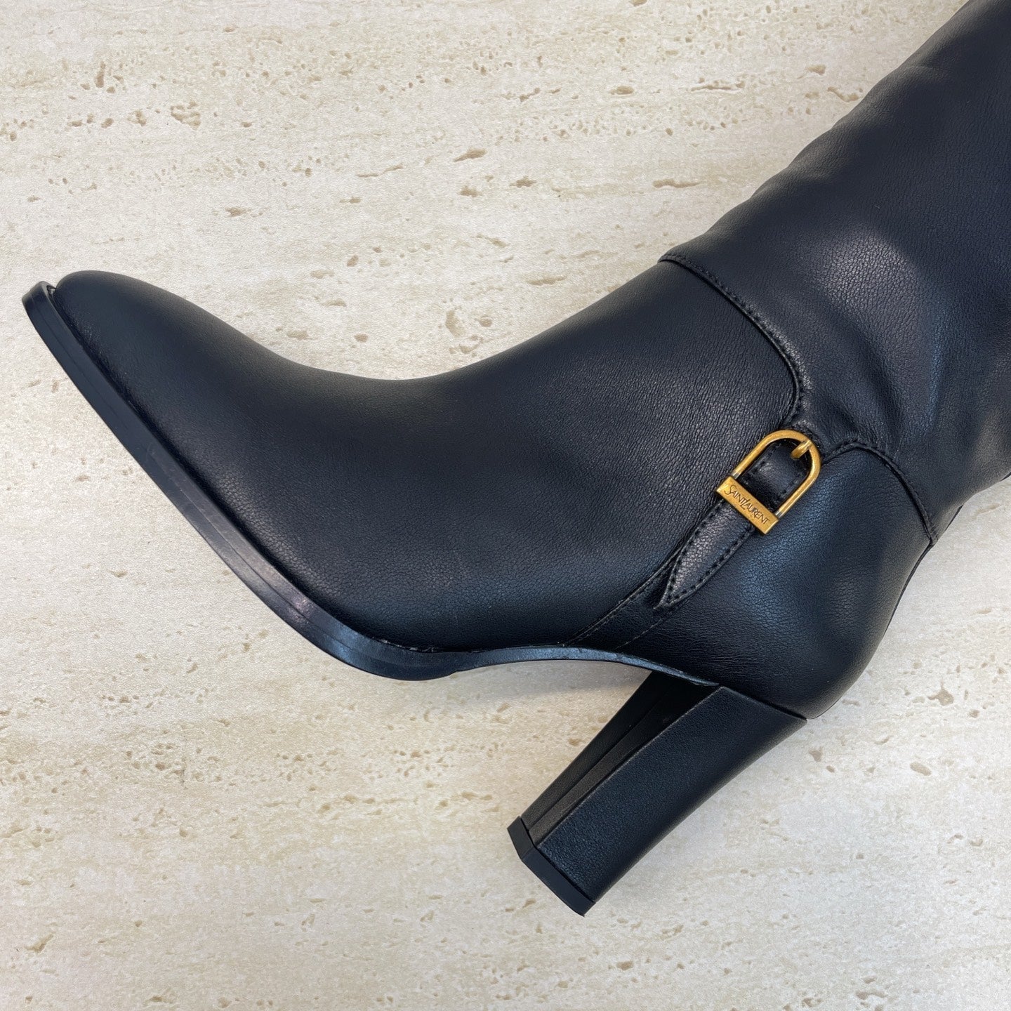 YSL 2025  High-Heeled Pointed-Toe Knee-High Rider Boot Black Calfskin 574018