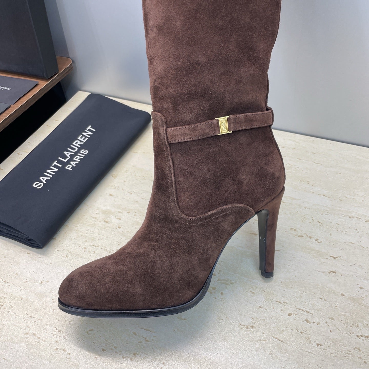 YSL 2025  High-Heeled Pointed-Toe Knee-High Rider Boot Brown Suede 574020