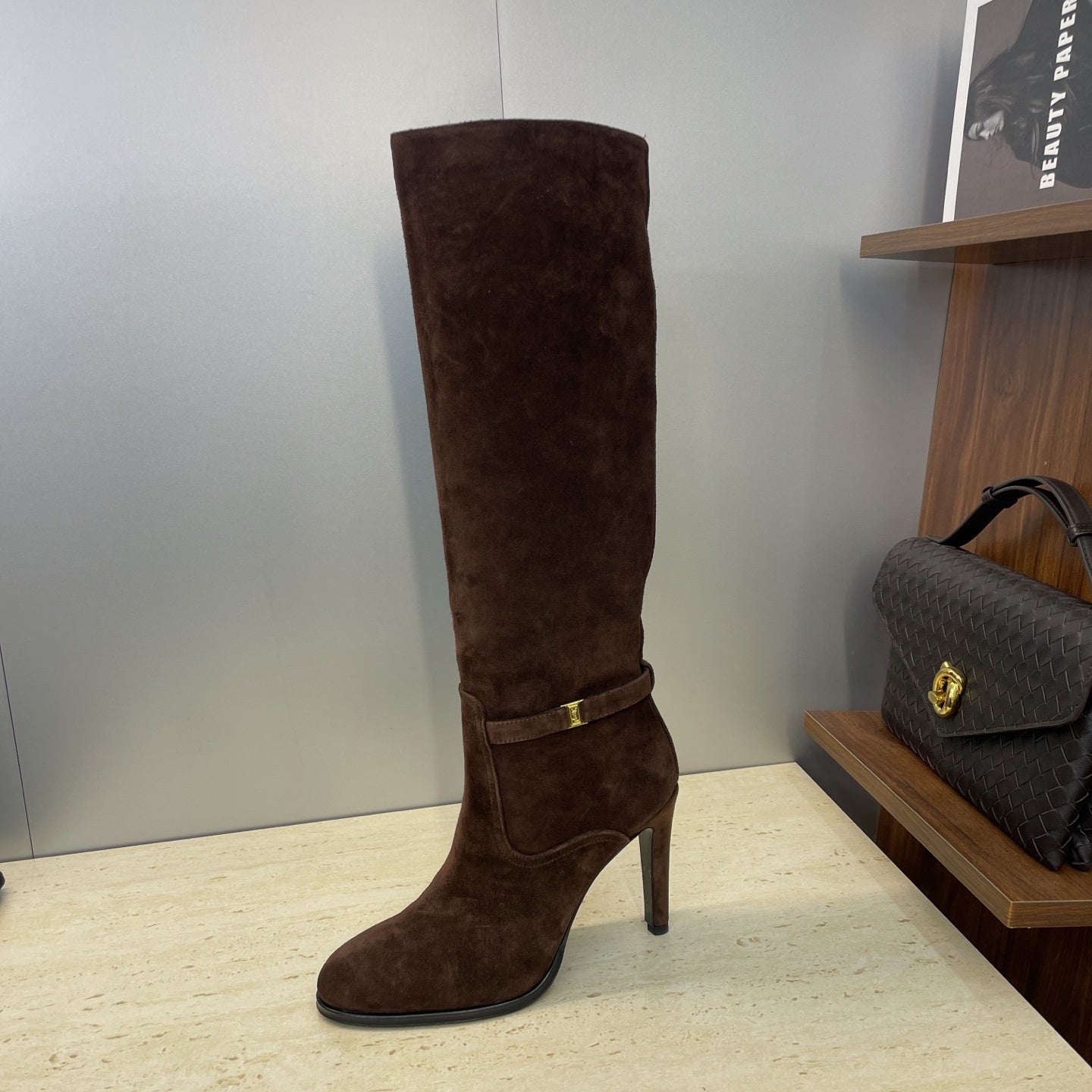 YSL 2025  High-Heeled Pointed-Toe Knee-High Rider Boot Brown Suede 574020