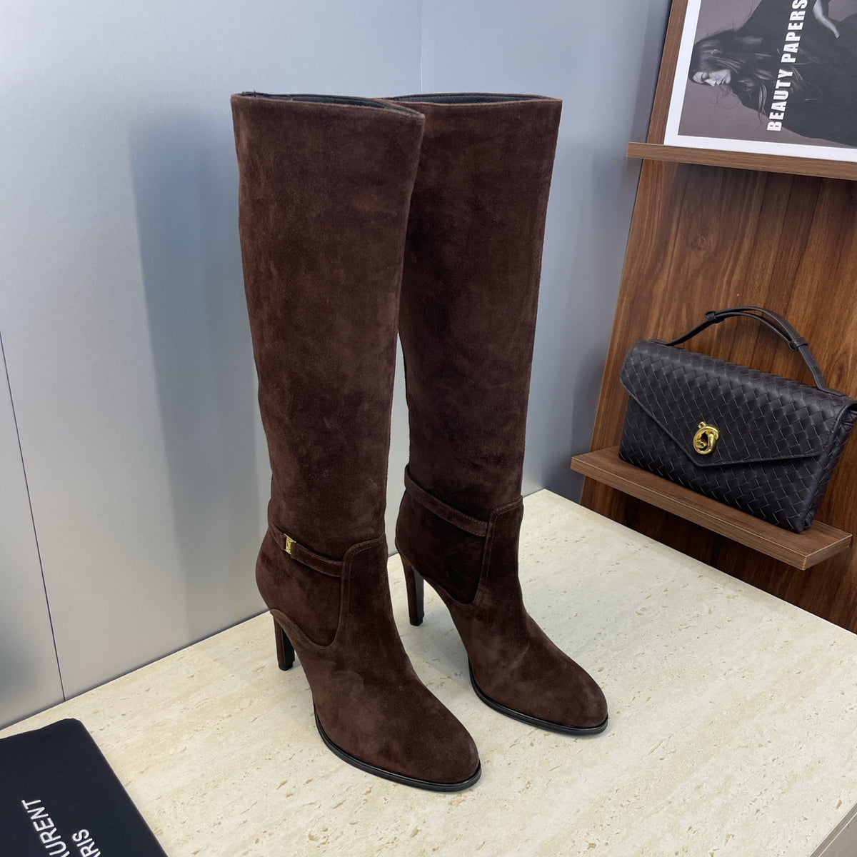 YSL 2025  High-Heeled Pointed-Toe Knee-High Rider Boot Brown Suede 574020