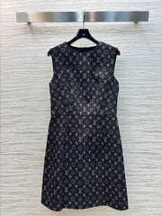 LV 25 Logo Jacquard Sleeveless Denim Straight Dress Black Cotton