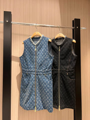 LV Denim Fabric Double Head Zipper Dress Black Blue Cotton
