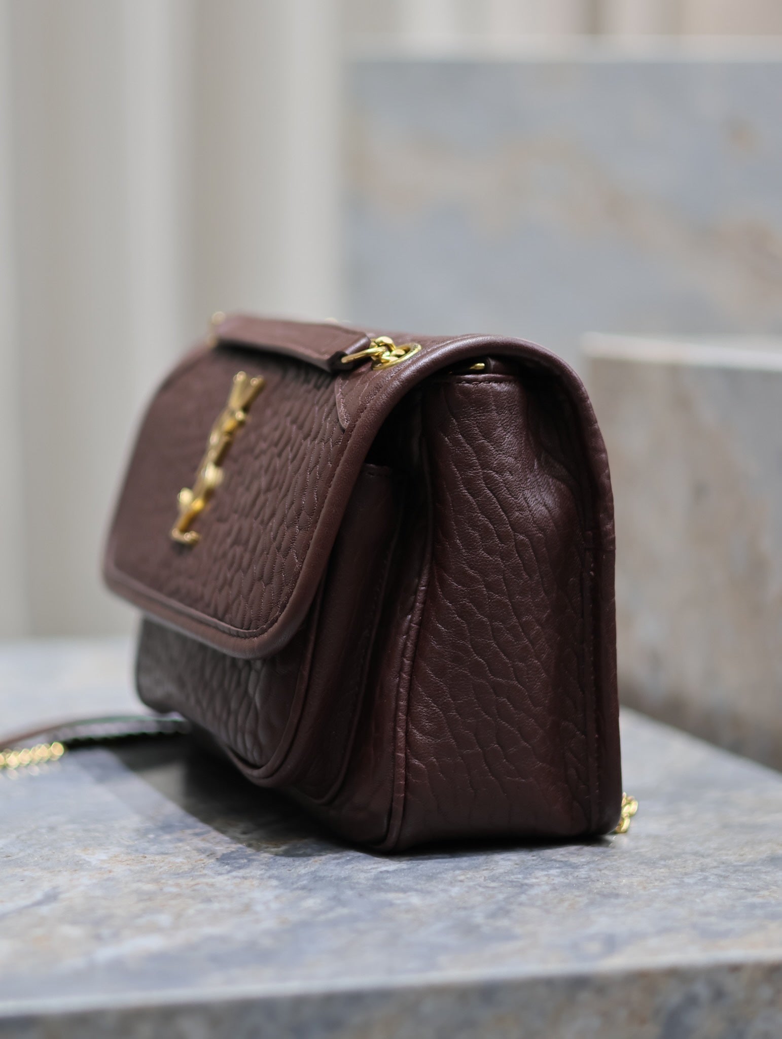 YSL Niki Chain Satchel Bag 22cm Brown Lambskin