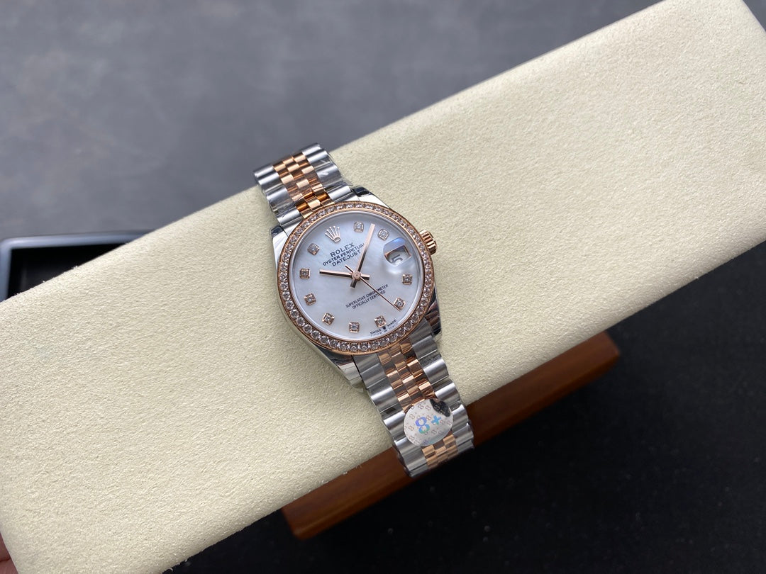 Datejust 28mm Pink Gold Steel Diamond Bezel White Mop Dial