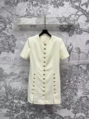 LV 25 Round-Neck Logo Metal Buttoned Dress White Poliester