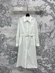 LV 25 Splicing Perspective Jacquard Monogram Sleeve Dress White Cotton