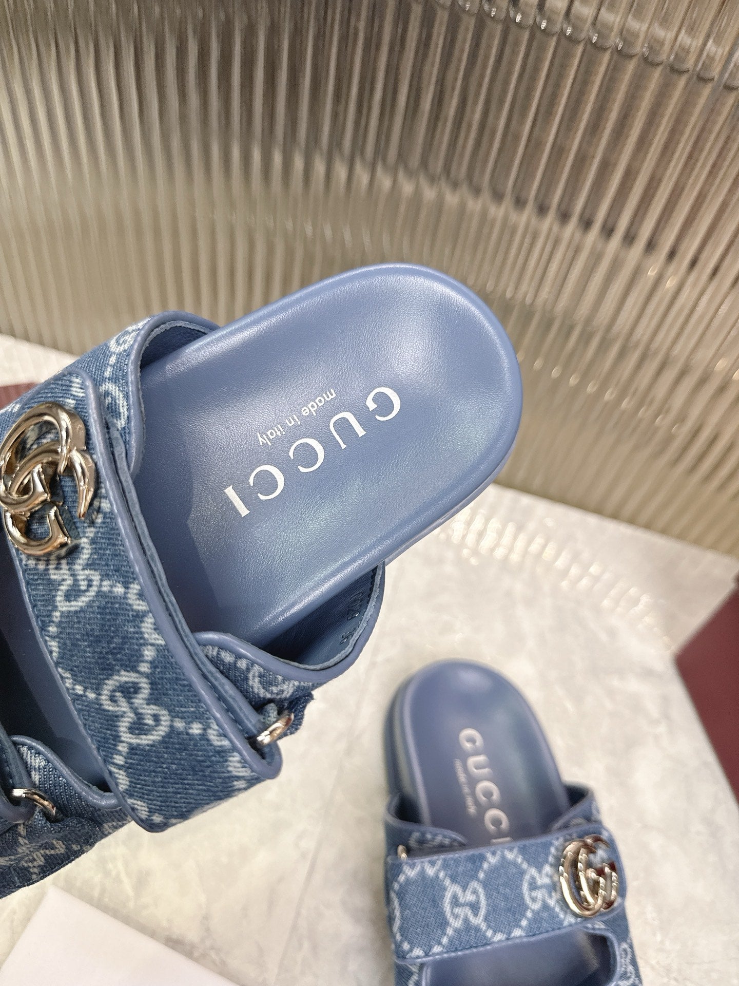 Gucci 2026 Double G Sandal Blue Denim Leather