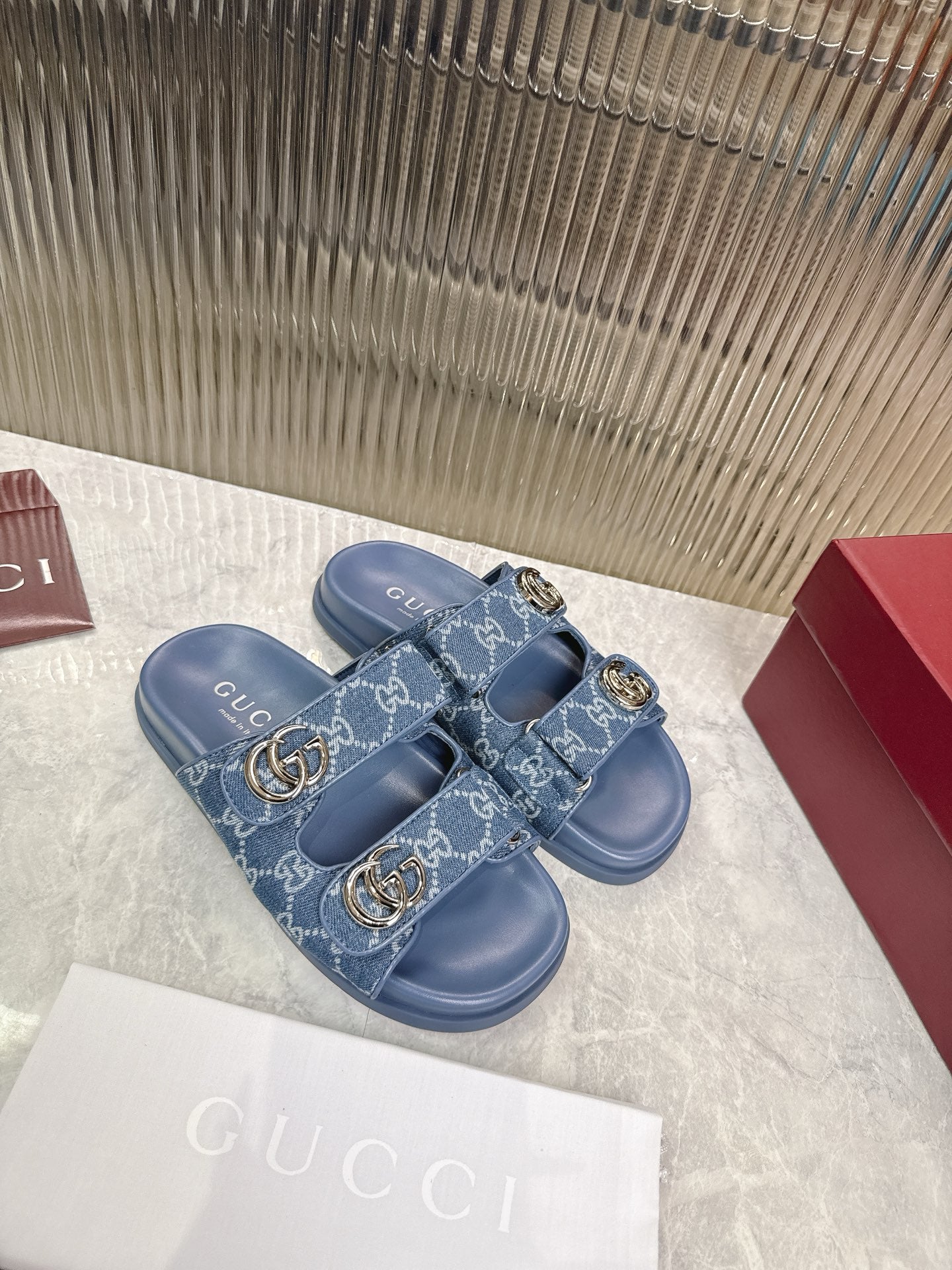 Gucci 2026 Double G Sandal Blue Denim Leather