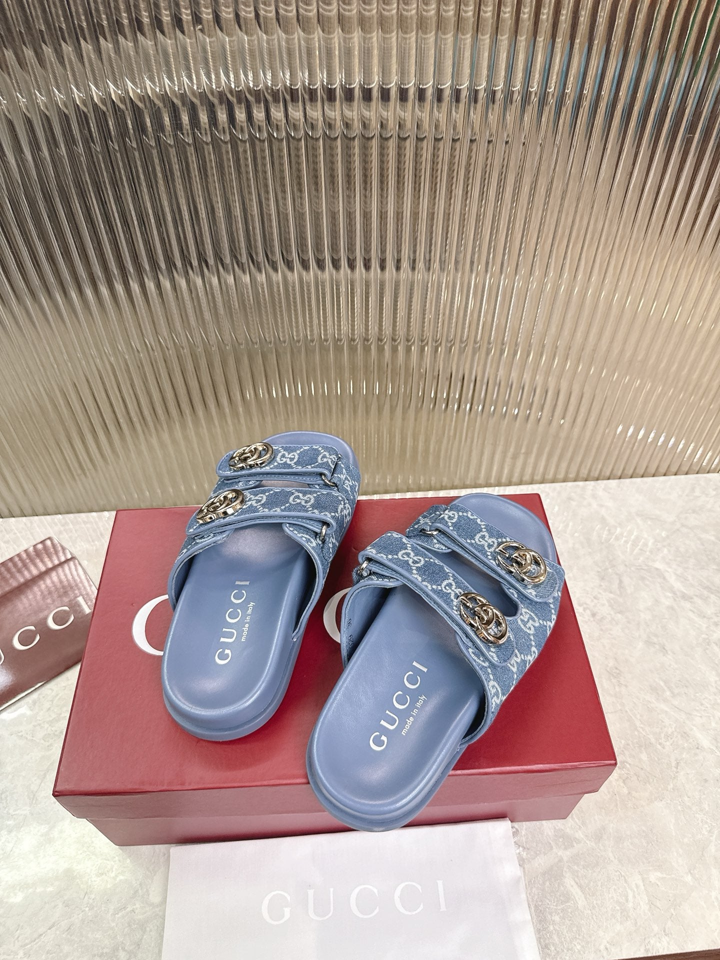 Gucci 2026 Double G Sandal Blue Denim Leather