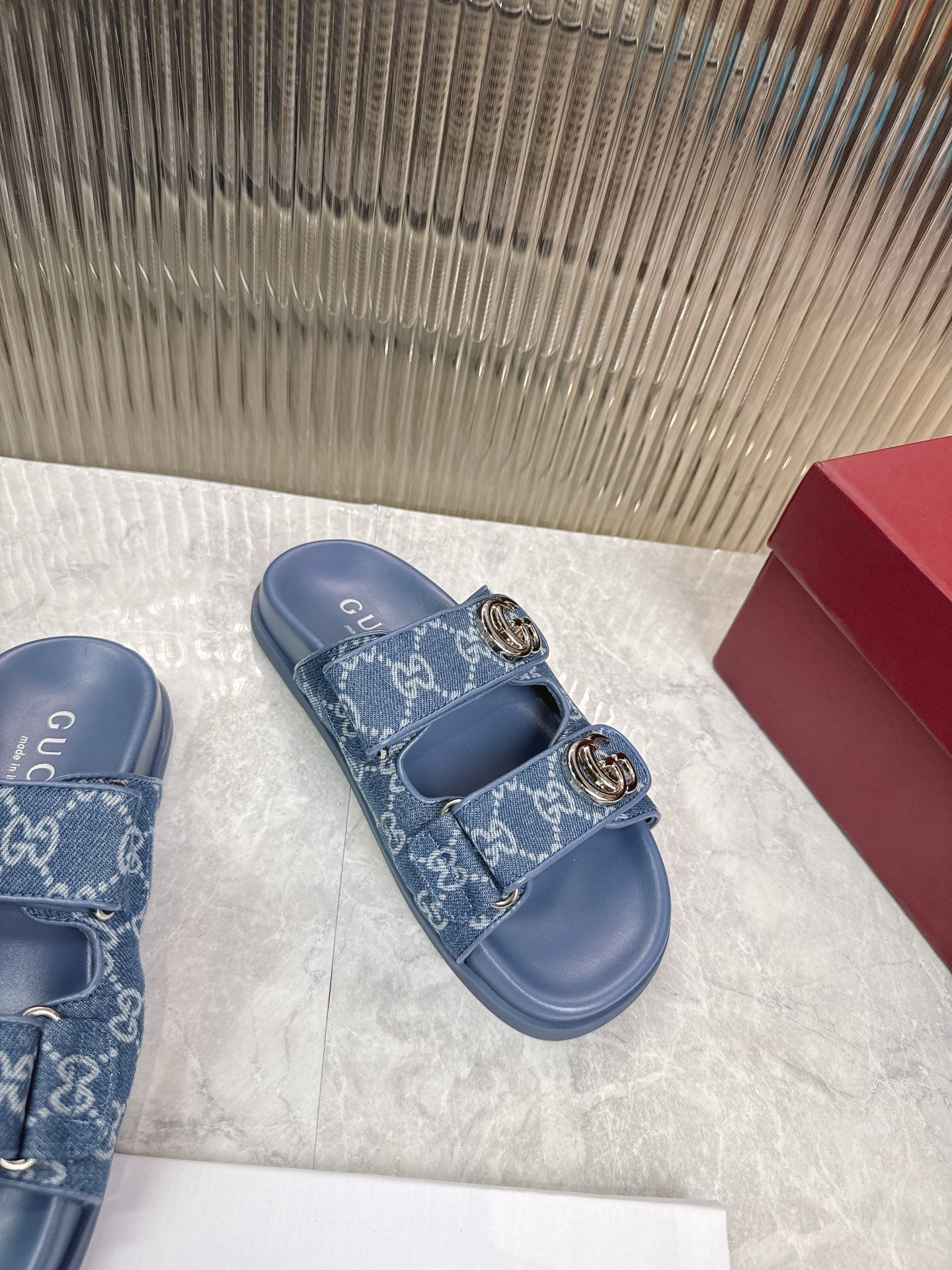 Gucci 2026 Double G Sandal Blue Denim Leather