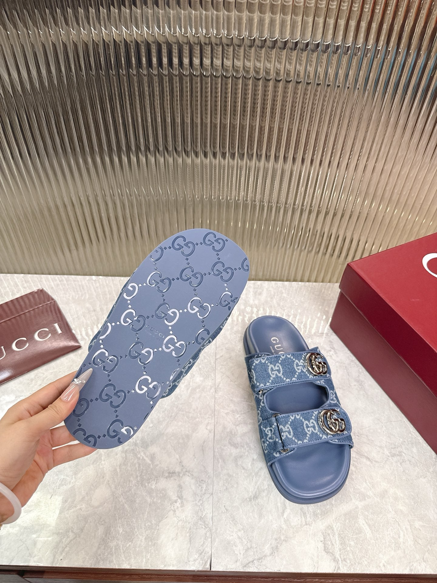 Gucci 2026 Double G Sandal Blue Denim Leather