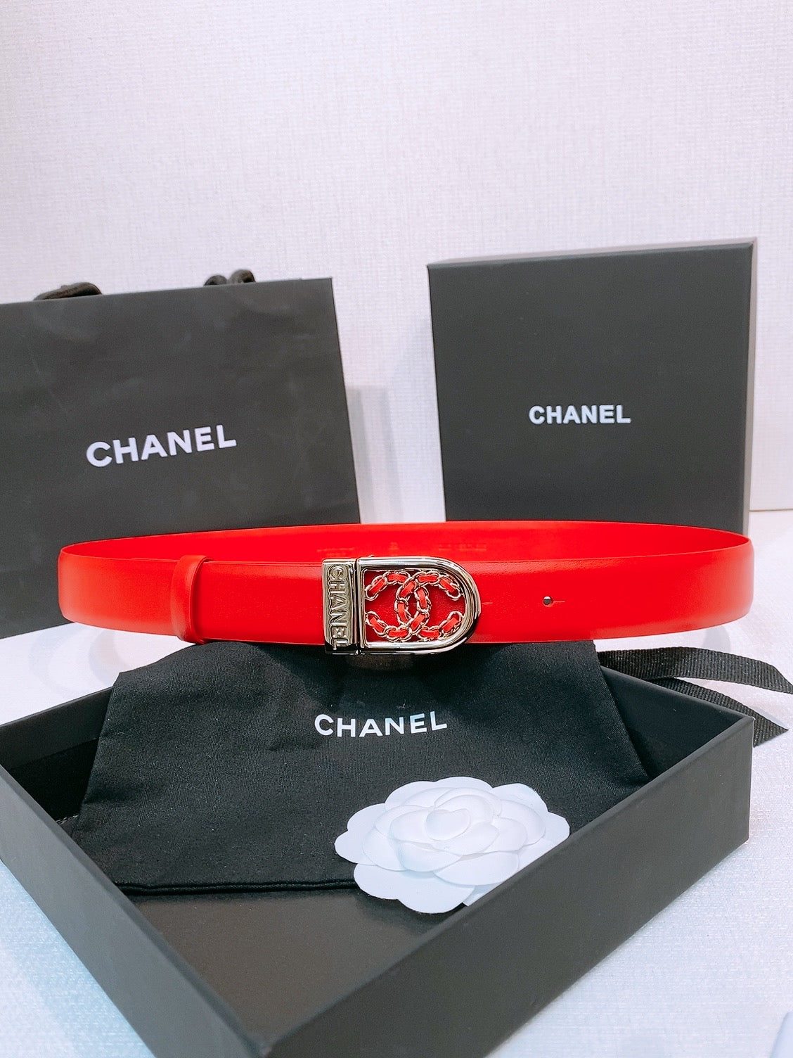 CC Women's Belt 3.0CM Red Calfskin Sliver Black Buckle 572530