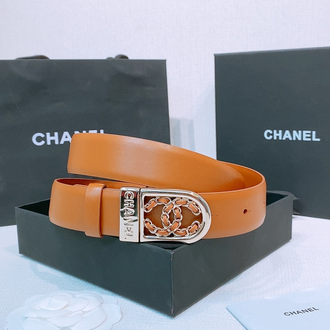 CC Women's Belt 3.0CM Tan Calfskin Sliver Black Buckle 572531