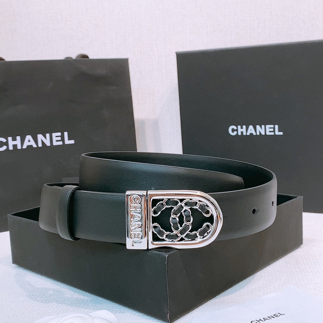 CC Women's Belt 3.0CM Black Calfskin Sliver Black Buckle 572532