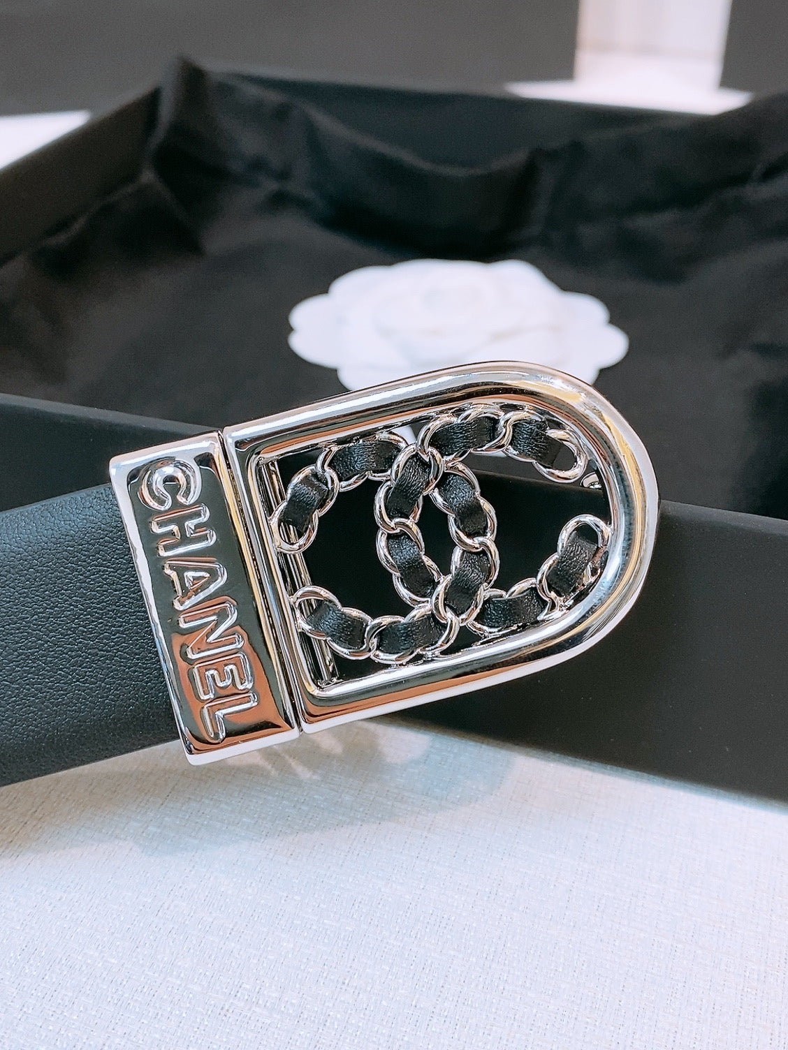 CC Women's Belt 3.0CM Black Calfskin Sliver Black Buckle 572532
