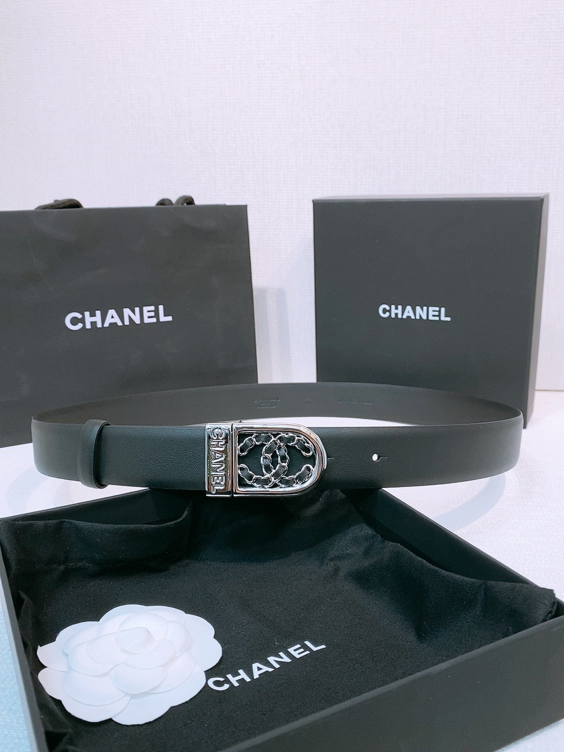 CC Women's Belt 3.0CM Black Calfskin Sliver Black Buckle 572532