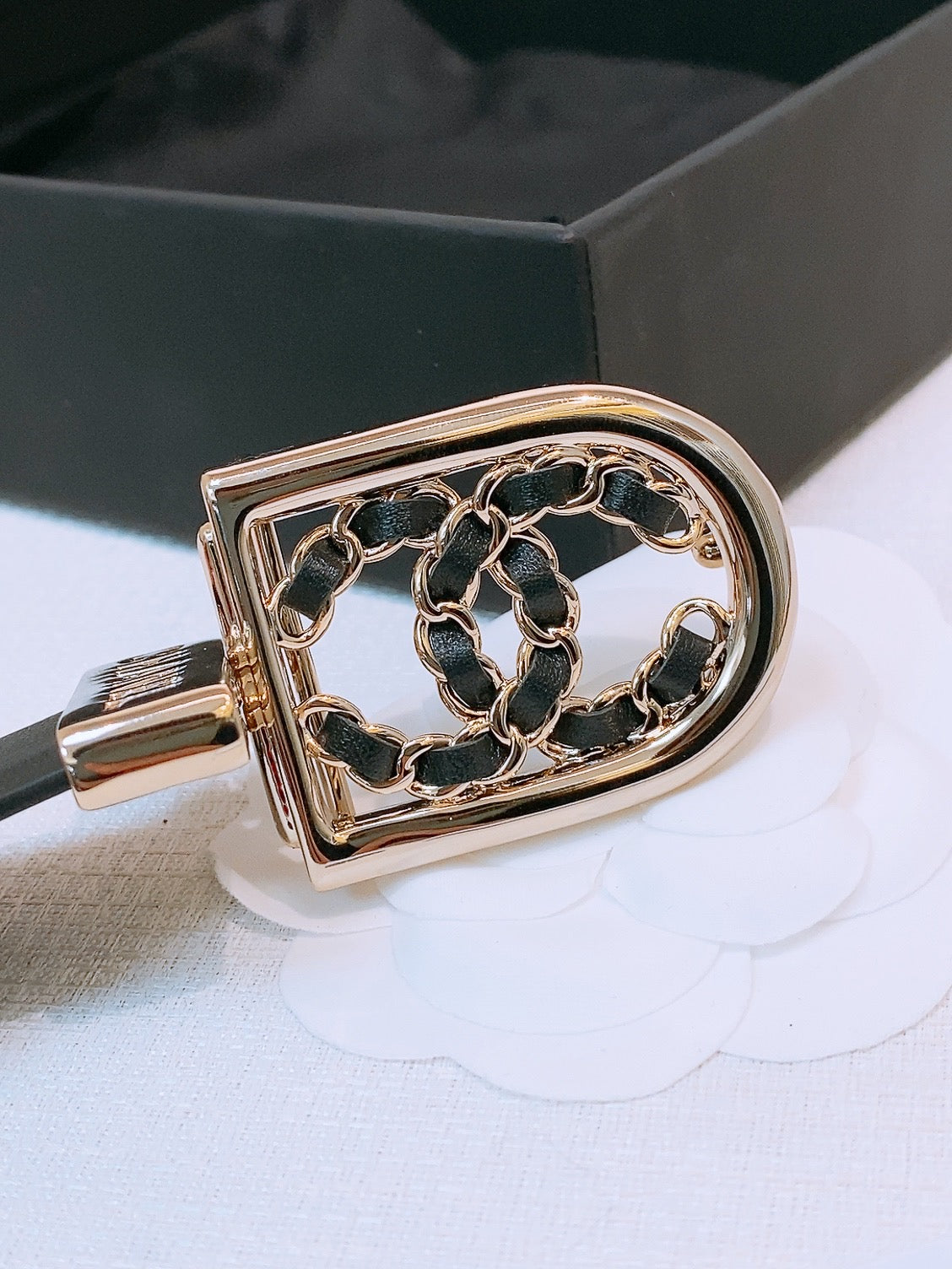CC Women's Belt 3.0CM Black Calfskin Gold Black Buckle 572533