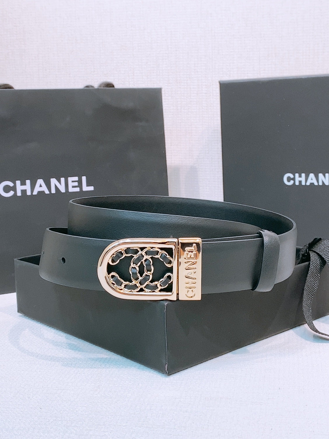 CC Women's Belt 3.0CM Black Calfskin Gold Black Buckle 572533