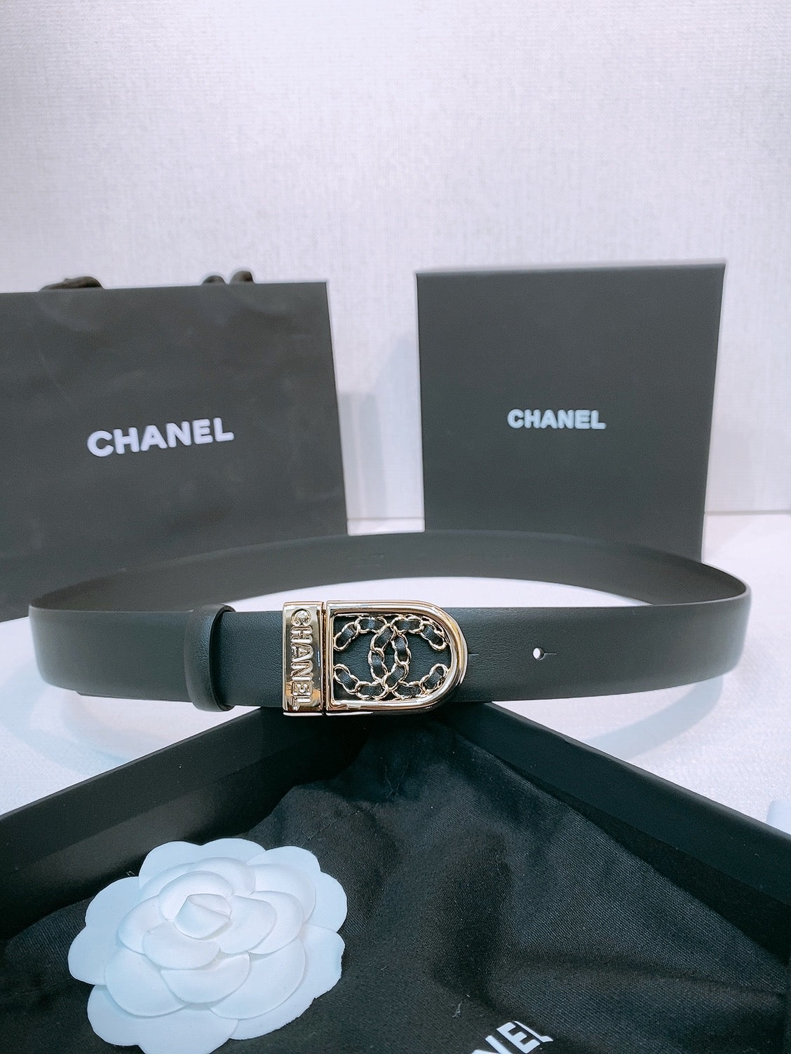 CC Women's Belt 3.0CM Black Calfskin Gold Black Buckle 572533