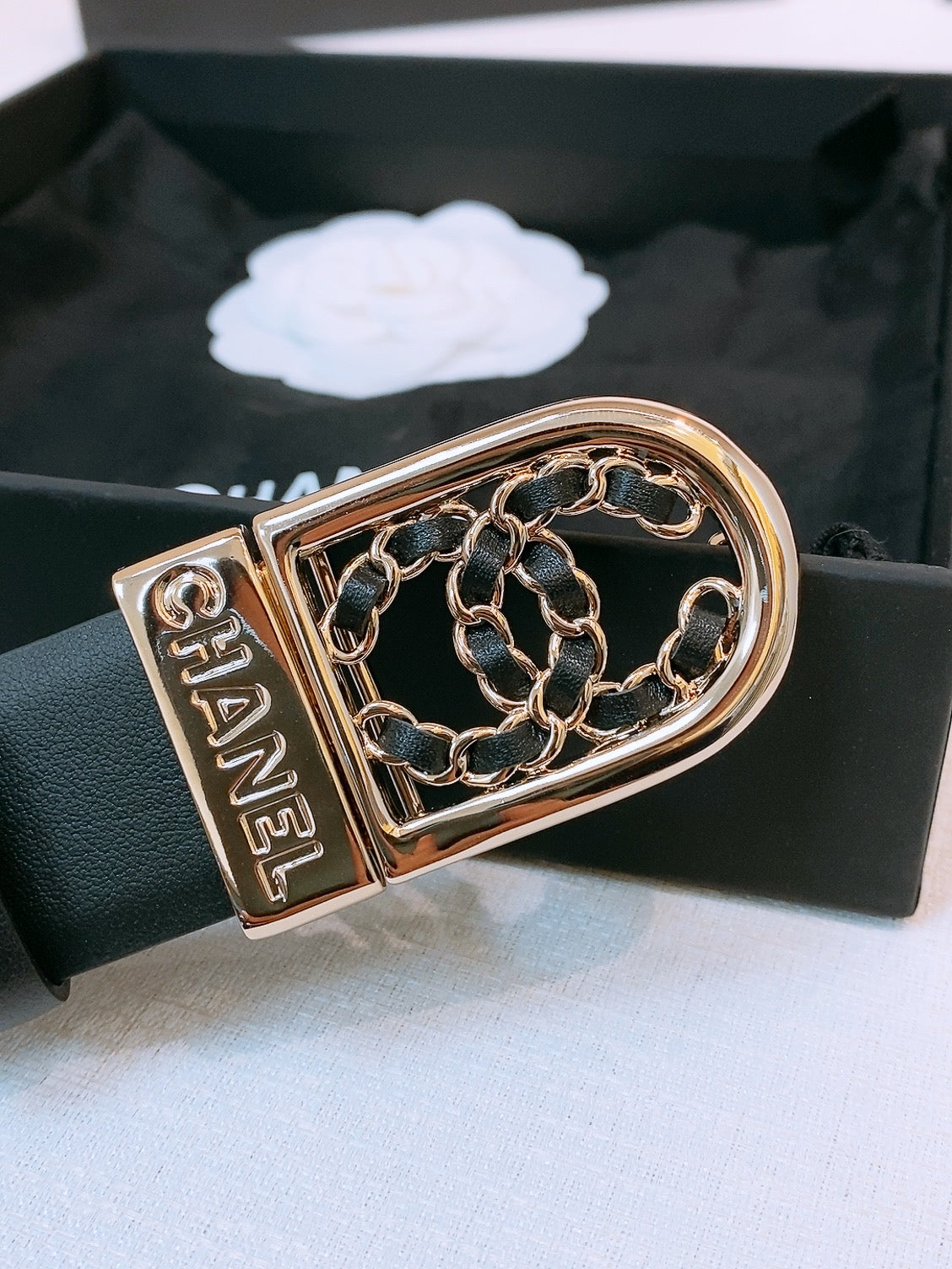 CC Women's Belt 3.0CM Black Calfskin Gold Black Buckle 572533