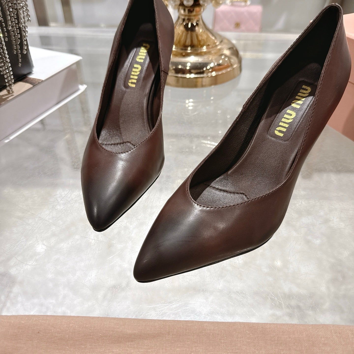 Miu High Heel Pumps Chocolate Brown Sheepskin 592080