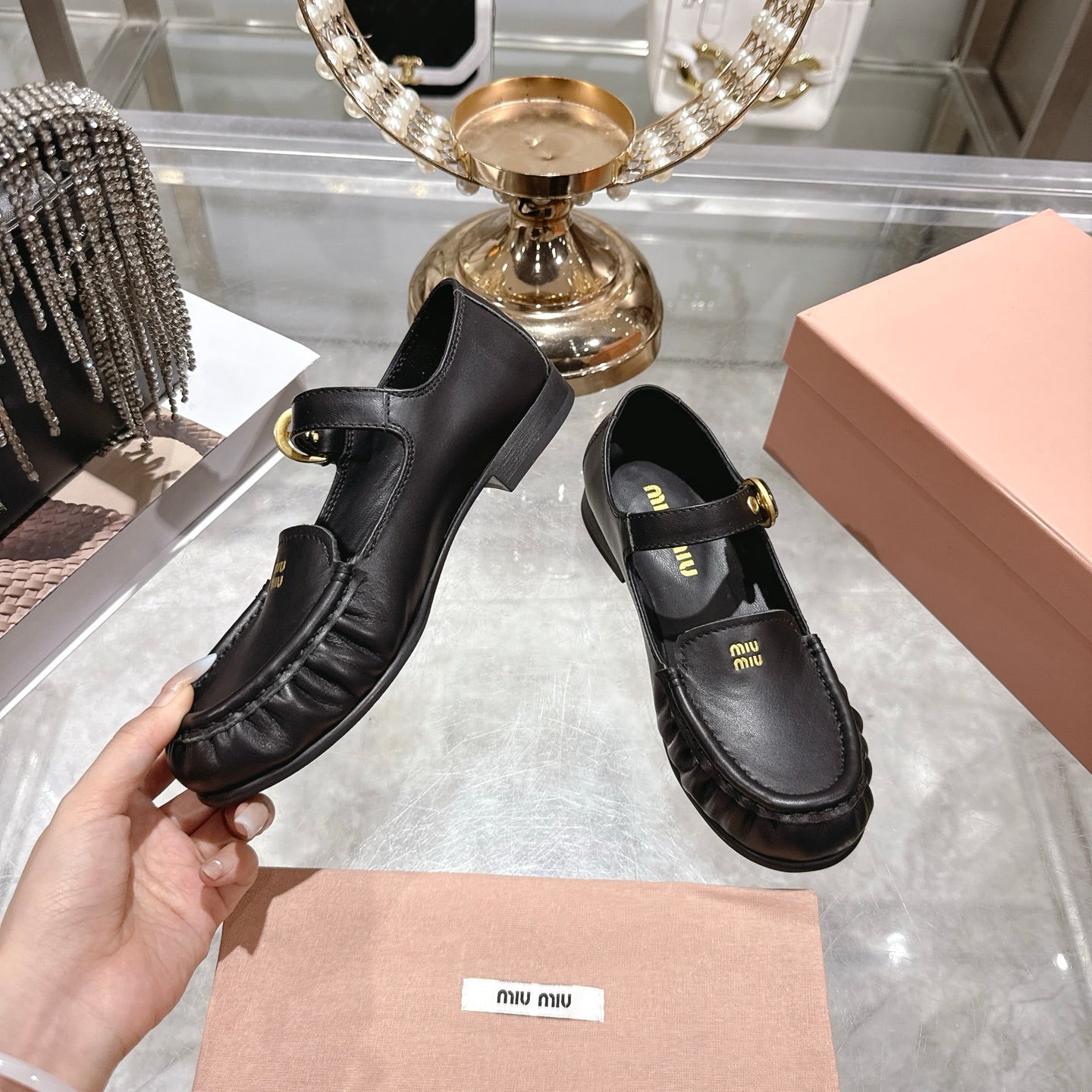 Miu Mary Jane Ballet Flats Black Leather 592041