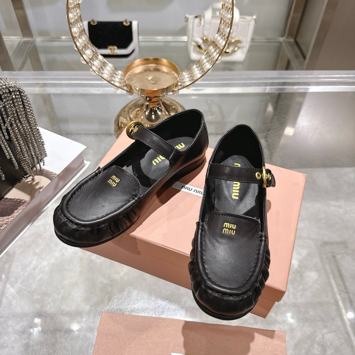 Miu Mary Jane Ballet Flats Black Leather 592041