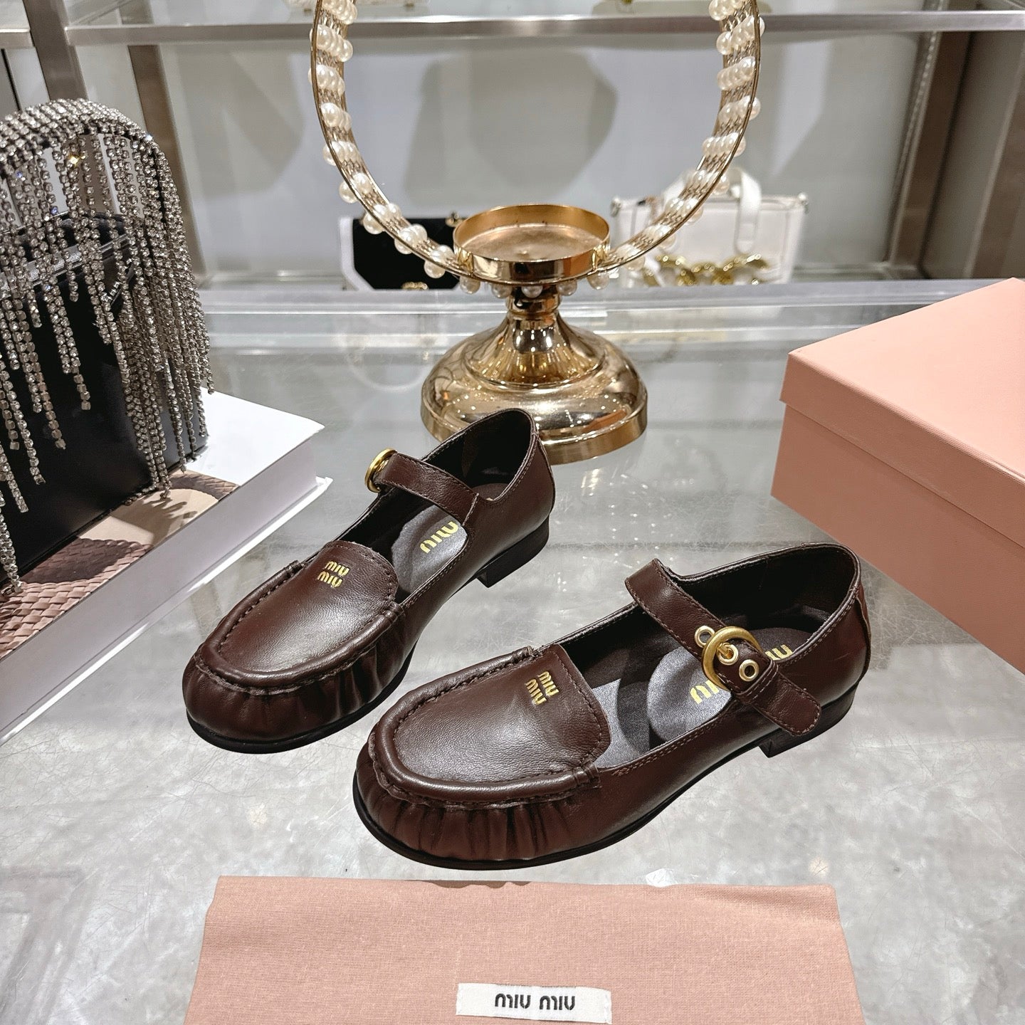 Miu Mary Jane Ballet Flats Brown Leather 592042