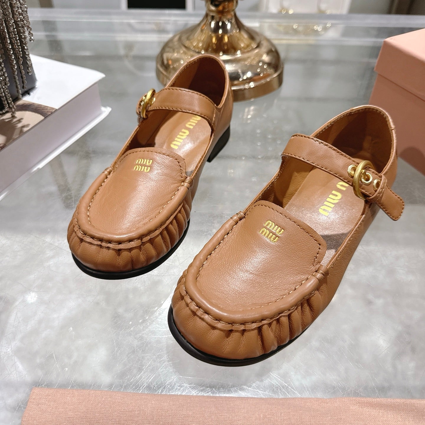 Miu Mary Jane Ballet Flats Camel Brown Calfskin 592045