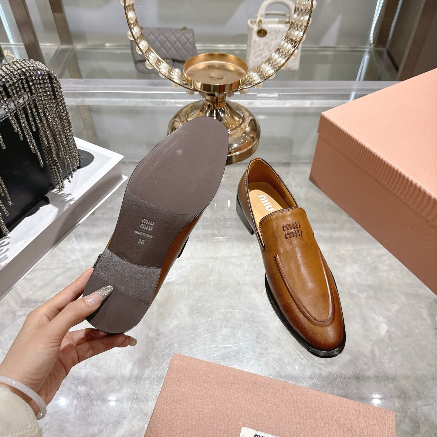 Miu Distressed Loafers Camel Brown Cowhide 592055