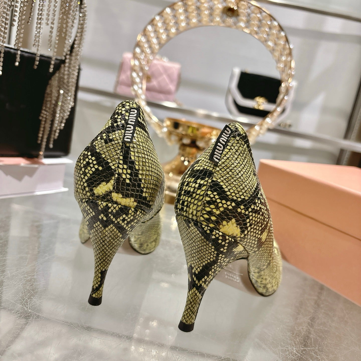 Miu High Heel Pumps Green Black Snakeskin 592073