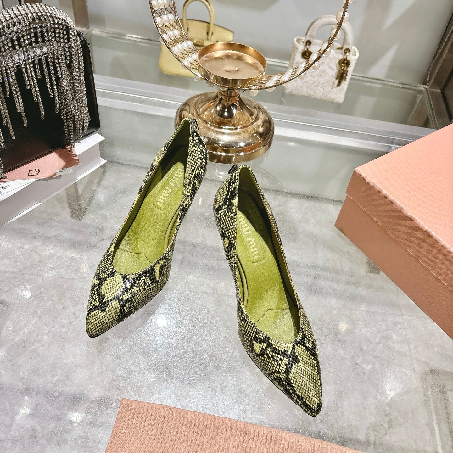 Miu High Heel Pumps Green Black Snakeskin 592073