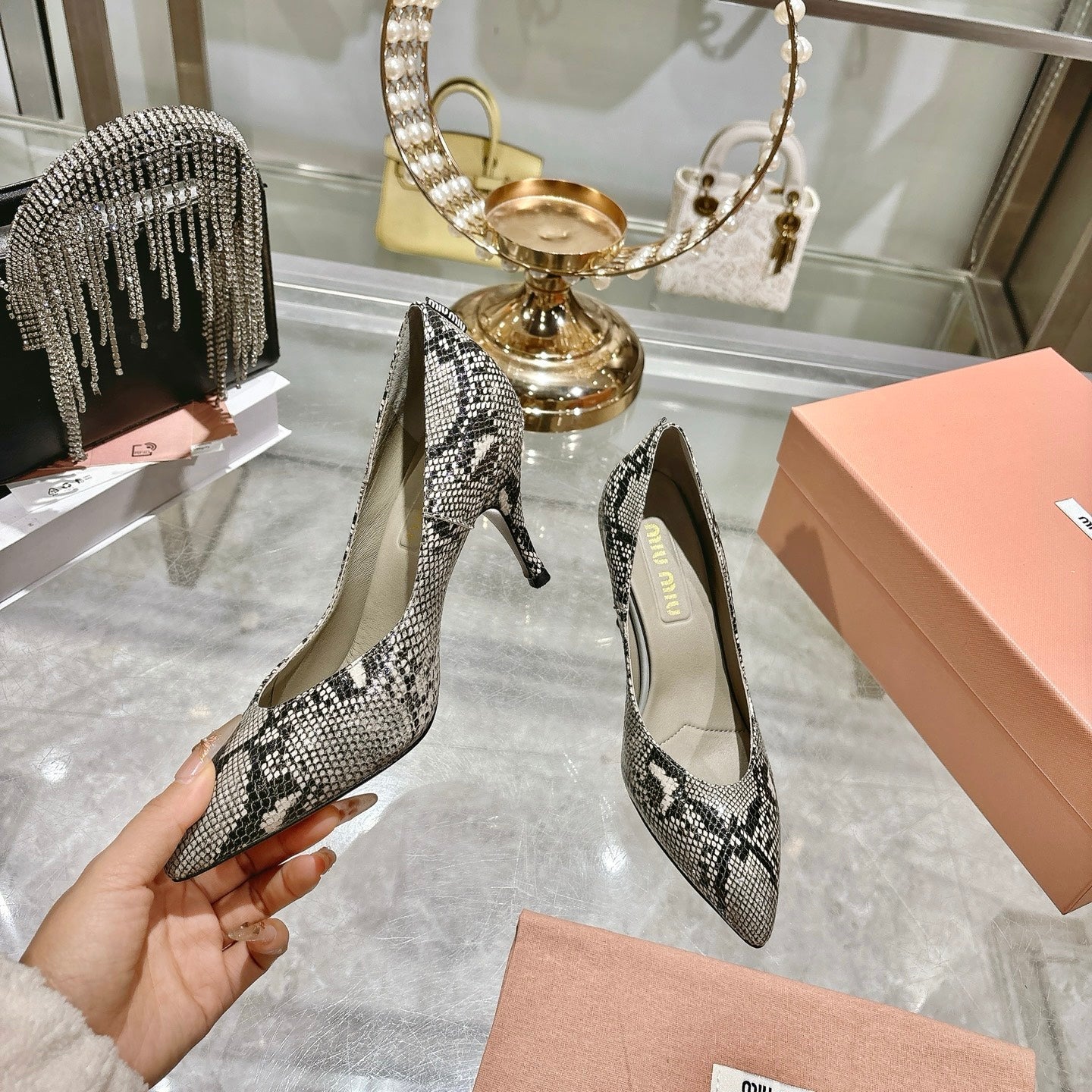 Miu High Heel Pumps Gray Black Snakeskin 592074