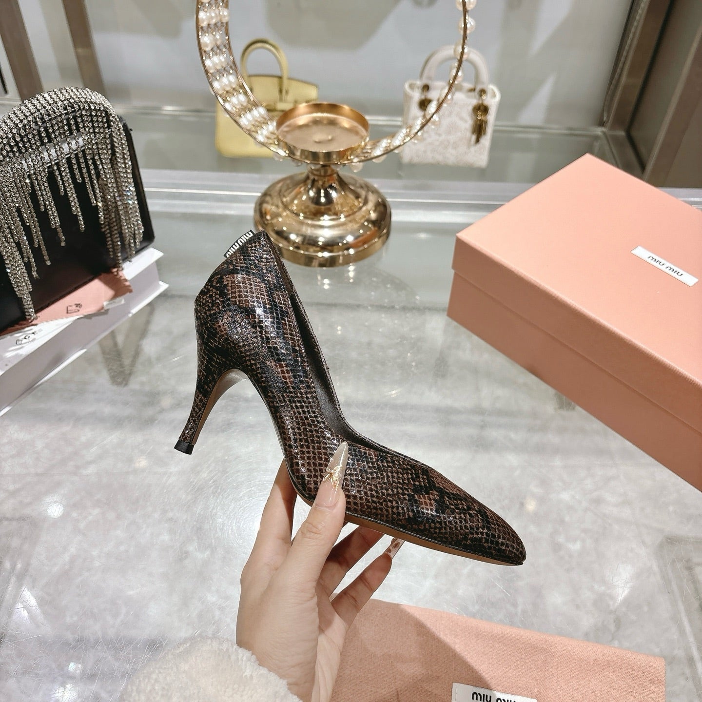 Miu High Heel Pumps Brown Black Snakeskin 592075