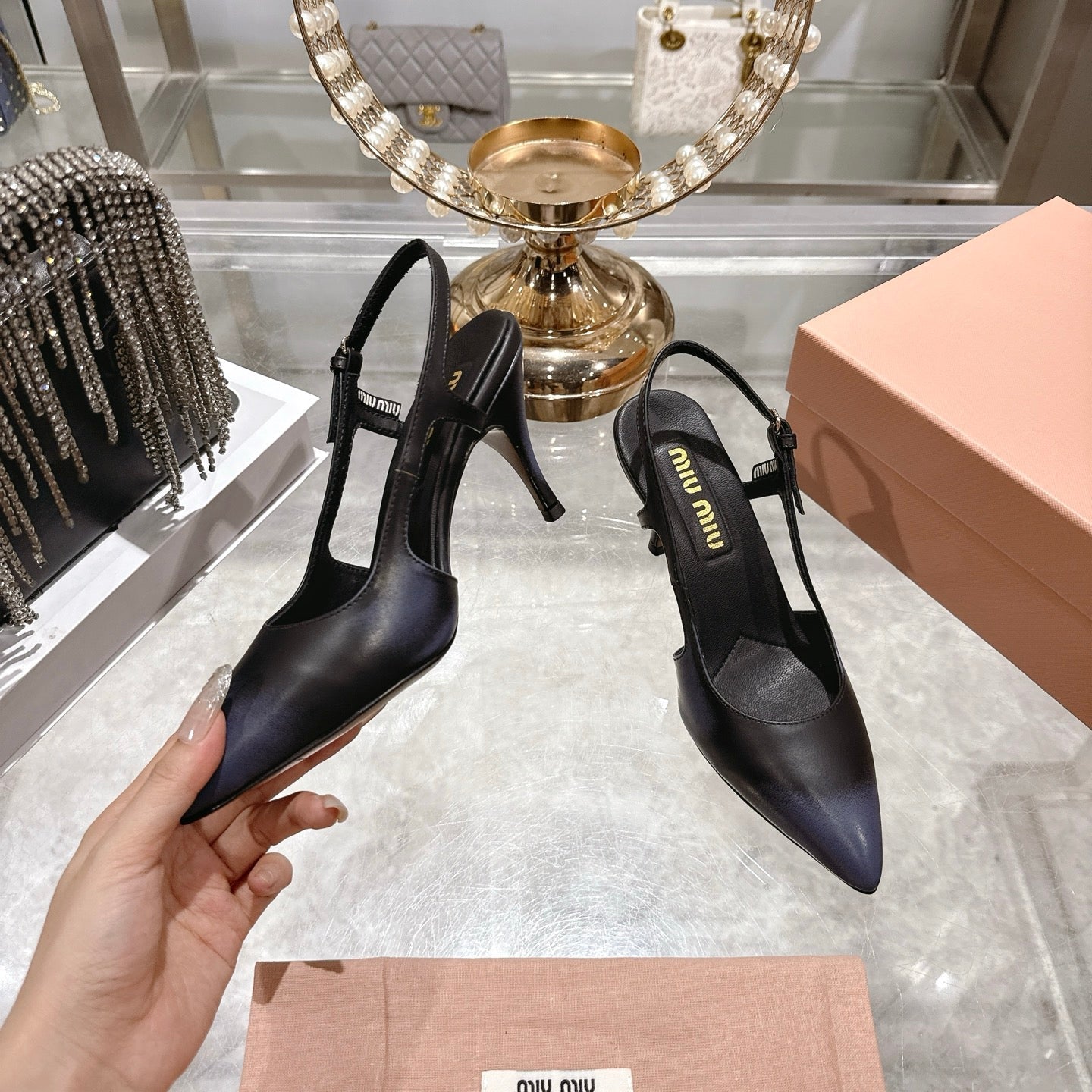 Miu 26 High Heel Slingback 75 Black Cowhide 592081