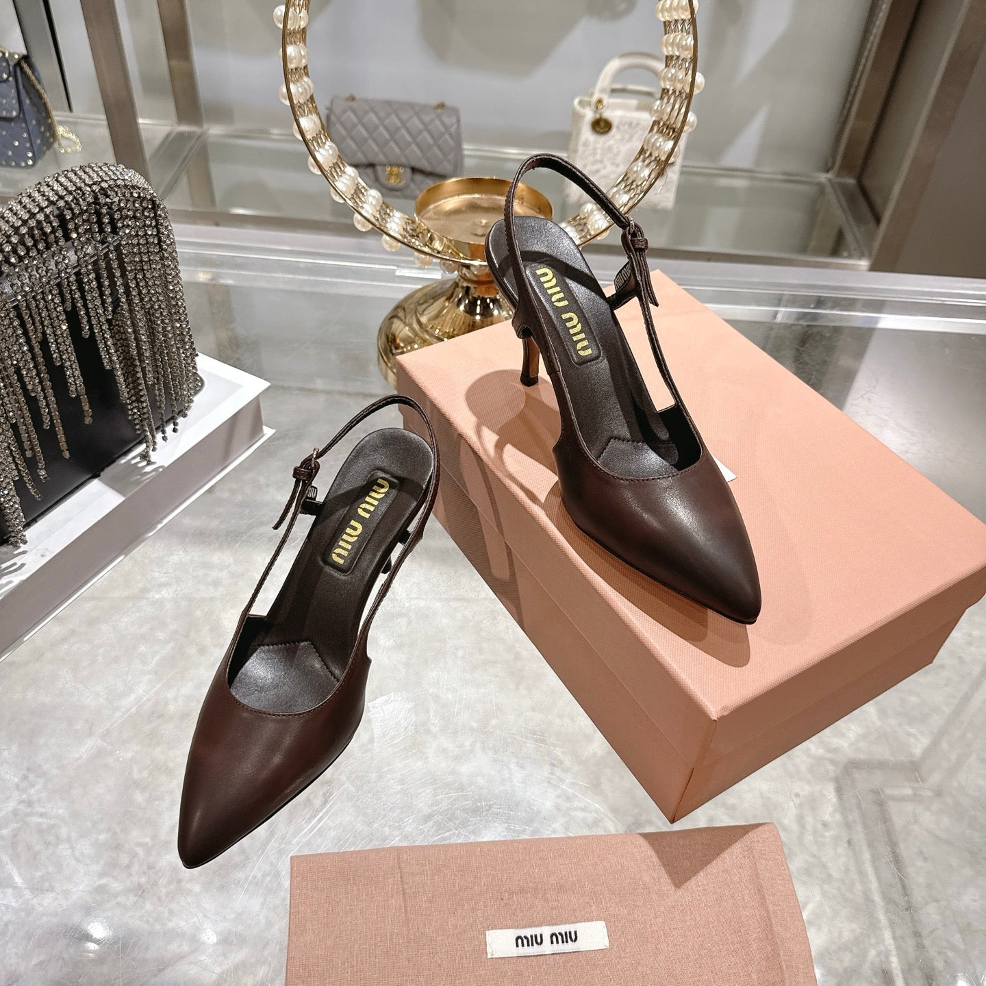 Miu 26 High Heel Slingback 75 Brown Chocolate Cowhide 592082