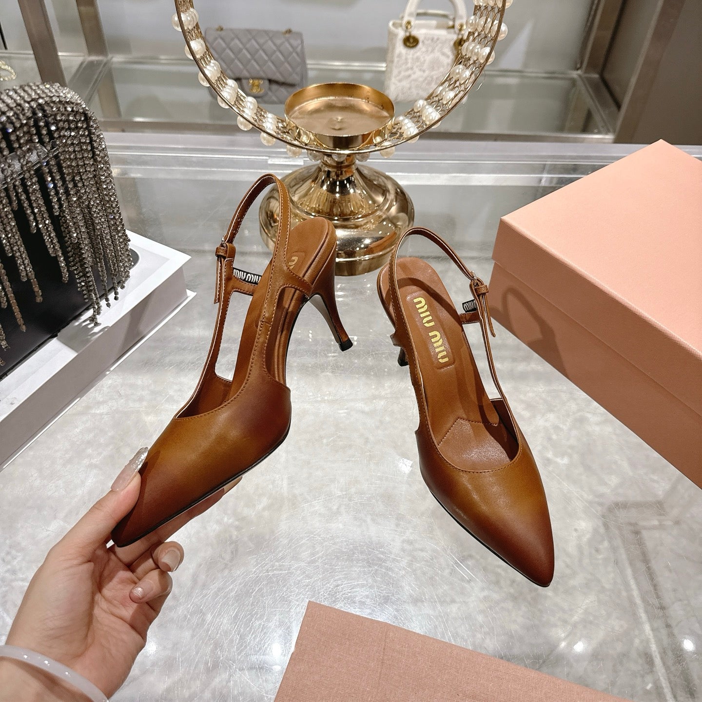 Miu 26 High Heel Slingback 75 Camel Brown Cowhide 592084