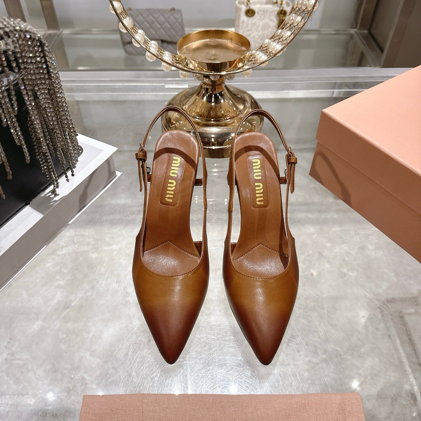 Miu 26 High Heel Slingback 75 Camel Brown Cowhide 592084